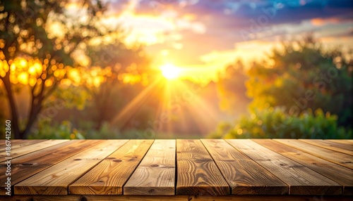 Wooden Tabletop with a Stunning Sunset View - A Perfect Blend of Nature and Design.