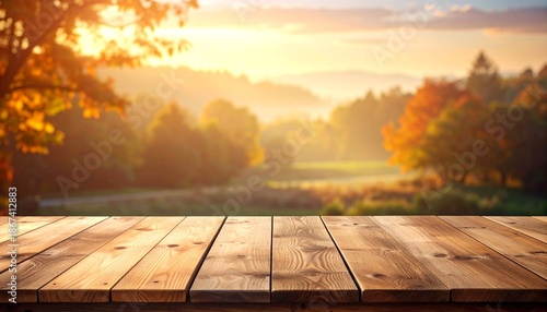Autumn landscape with wooden table and blurred background, golden hour.
