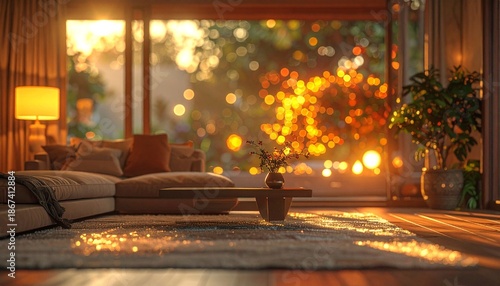 Cozy Living Room with Warm Sunset Light and Modern Design.