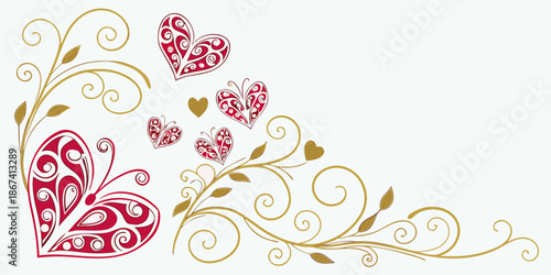 Two birds with ornate hearts and a decorative border, vector