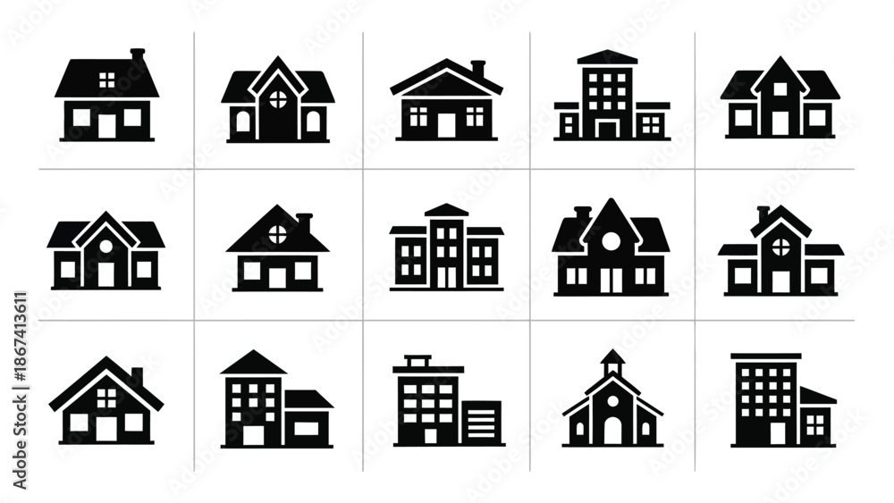 Fototapeta premium Collection of various house icons displayed in a grid pattern