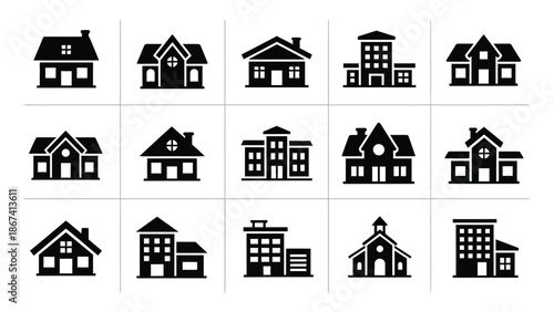 Collection of various house icons displayed in a grid pattern