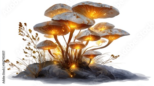 Luminescent Fungi: An ethereal cluster of glowing fungi, emitting a warm, inviting light. The image captures the mysterious beauty of nature and the enchanting allure of bioluminescence.