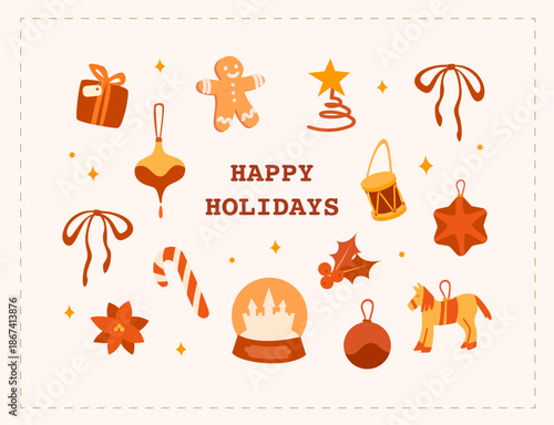 Cozy Christmas collection of toys in warm brown and golden yellow colors with a vintage mood. Ball, horse, bows, candy cane. For stickers, prints, postcards, invitations.