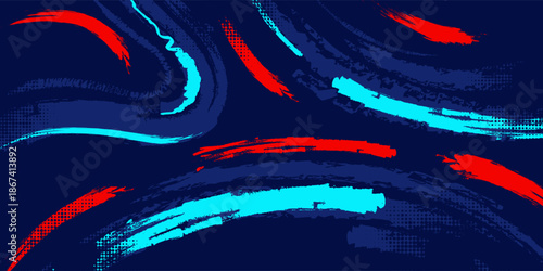 Dark blue abstract background featuring expressive red and cyan paint brush strokes with halftone dot textures and a street-style aesthetic
