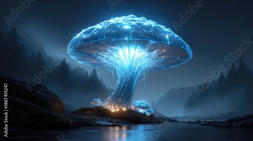 Luminous Mushroom in the Mystic Forest: A vibrant, glowing mushroom illuminated against the backdrop of a forest, reflecting the mystical atmosphere and creating an ethereal scene.