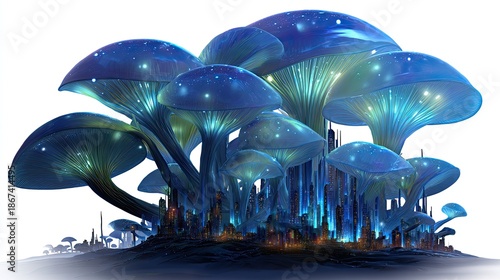 Luminescent Fungi Fantasy: A cluster of glowing, otherworldly fungi bursts forth, their caps and stems radiating a captivating ethereal blue light.