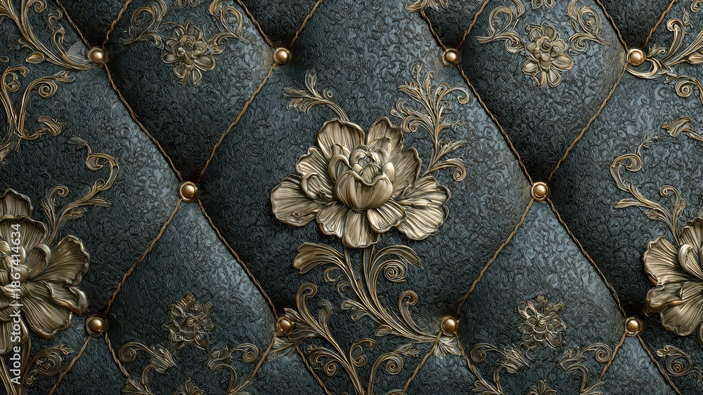 Naklejka premium Opulent Dark Tufted Background with Golden Baroque Floral Ornamentation. Luxurious Capitone Style Pattern with Vintage Gold Relief and Detailed Fabric Texture.