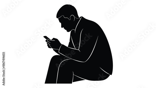 Silhouette of a man seated and focused on his mobile phone