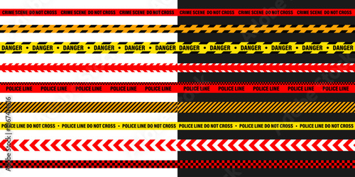 Barricade construction tape. Colorful police warning line, brightly colored danger or hazard stripe, ribbon. Restricted area, zone. Attention symbol. Vector illustration.