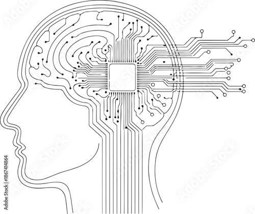Artificial intelligence brain circuit head Outline Vector Symbol.