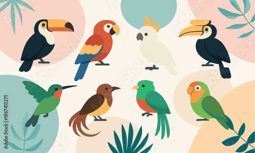 Vibrant Tropical Birds Collection Vector Illustration with Exotic Parrot, Toucan, and Hummingbird Designs