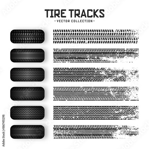 Grunge tire tracks, rubber wheels, and braking marks. Truck, car, or motorcycle tread pattern silhouettes. Perfect for auto racing, motorsport, and speed-related designs. Vector illustration.