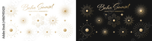 Vintage golden sunburst, sunset beams collection. Boho style, modern minimalist bohemian design. Hand drawn bursting sun, light rays. Logotype or lettering retro design element. Vector illustration.