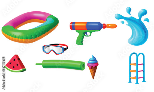 Vibrant Vector Set of Summer Pool Fun Elements Inflatables, Water Toys, and Refreshments