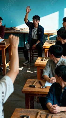 Male Student Raising Hand to Ask Question in Vocational Carpentry Workshop Class