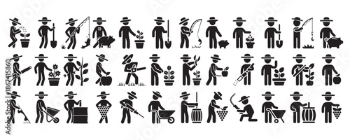 Farmer Activity Icons Set Agricultural Work Farming Gardening Harvest Vector Pictograms