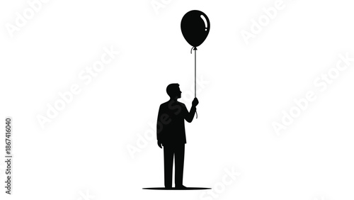 A silhouetted figure of a person holding the string of a black balloon