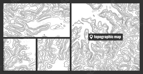 Topographic maps with contour lines. Geographic terrain grid, relief height elevation. Ground path pattern. Travel and navigation, cartography design element. Vector illustration.