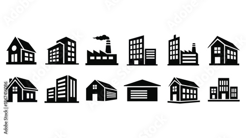 Collection of various industrial and residential buildings illustrated in black and white