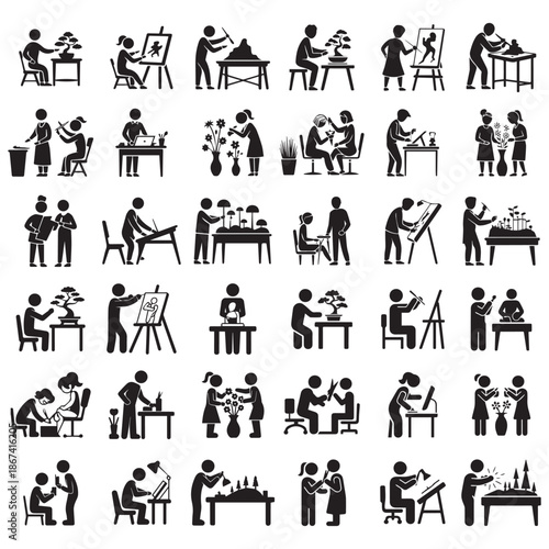 People Engaged in Creative Arts and Crafts Activities Silhouette Icon Set Vector Illustration
