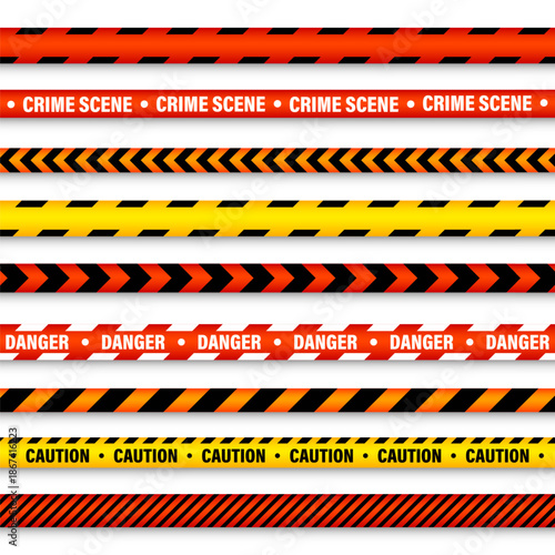 Barricade construction tape. Colorful police warning line, brightly colored danger or hazard stripe, ribbon. Restricted area, zone. Attention symbol. Vector illustration.