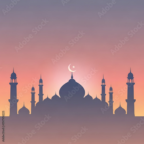 Silhouette of a majestic mosque with minarets and domes against a vibrant sunset sky with a crescent moon
