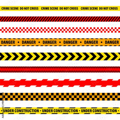 Barricade construction tape. Colorful police warning line, brightly colored danger or hazard stripe, ribbon. Restricted area, zone. Attention symbol. Vector illustration.