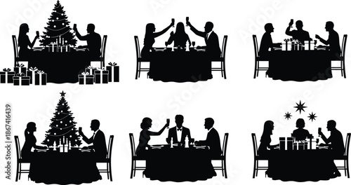 Christmas dinner silhouette illustration set showing family and friends celebrating holiday meal with gifts tree toast and festive table scenes