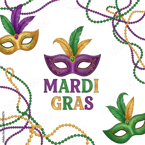 Festive Mardi Gras design featuring colorful feathered masquerade masks and decorative beaded necklaces border