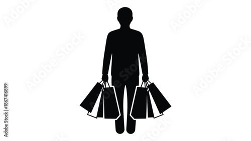 Silhouette of a person carrying shopping bags minimal black and white design