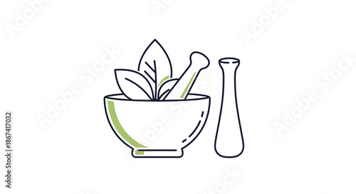 Traditional mortar and pestle with green leaves for natural apothecary or organic spice and medicine preparation concept.