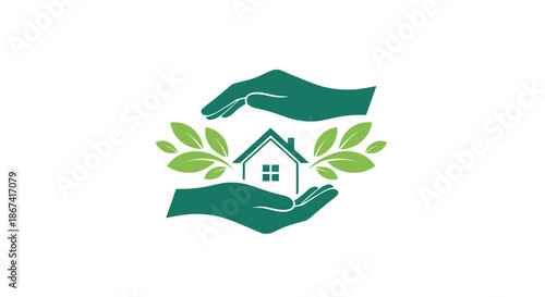 Two green hands protective-cradling a small house with leaves sprouting from the sides symbolizing eco-friendly real estate.