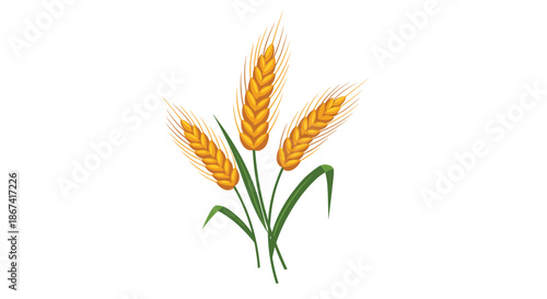 Three golden wheat stalks with green leaves in a simple artistic illustration representing agriculture and harvest.