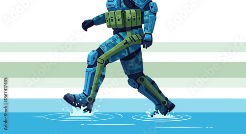 Futuristic soldier splashes through water, showcasing cutting-edge military technology and design