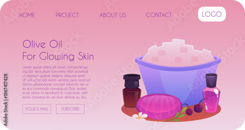 Olive oil for glowing skin vector flat landing page, bowl with soap ingredient, perfume glass bottle flowers and berries