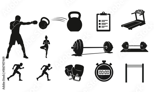 Fitness and exercise including boxer yoga runner treadmill kettlebell barbell stopwatch and pull up bar