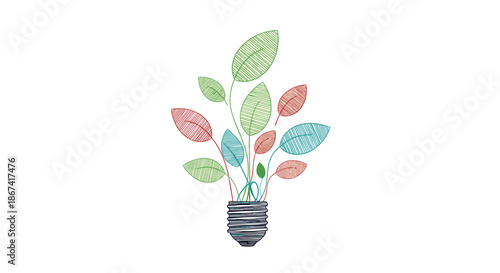 Artistic lightbulb silhouette filled with colorful sketched leaves of various shades symbolizing creative and natural energy.