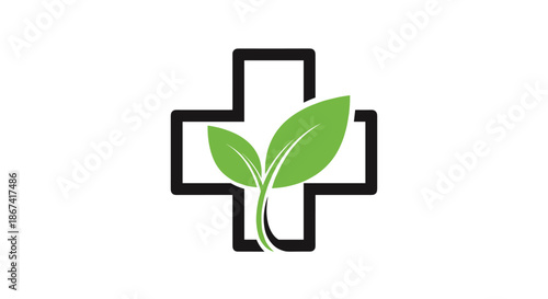 Medical cross symbol with two green leaves sprouting from the center representing natural health and herbal medicine.