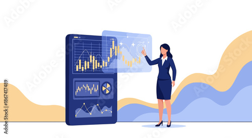 Futuristic trading interface with woman analyzing financial data and market trends
