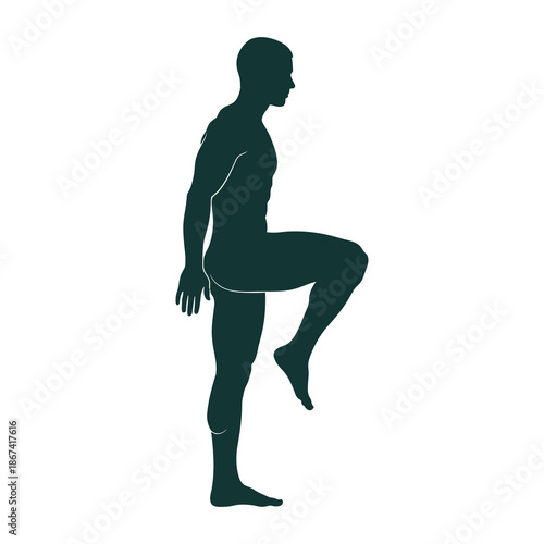 Dark teal silhouette of a man in profile performing a knee exercise white background
