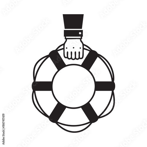 Cartoon hand holding a life buoy with a top hat isolated illustration