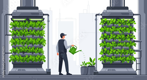 Futuristic urban vertical farm with hydroponics system cultivating healthy leafy greens