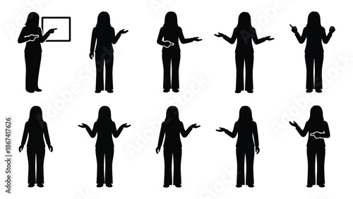 Silhouette collection of women in various poses gesturing and presenting ideas