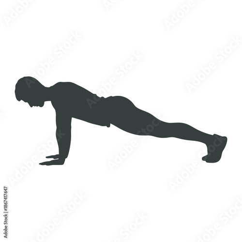 Dark grey silhouette of a man doing a push up on a white background exercise fitness