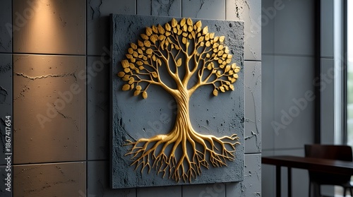 Modern Interior Decoration Featuring Embossed Gold Tree Art