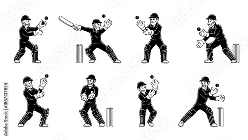 Cricket player batting and catching ball, action shots in uniform with protective gear, wicket in background, dynamic poses, outdoor sport illustrations, energetic match moments