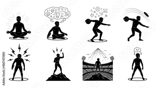 Athletes in various poses including meditation discus throwing and celebrating victory with mental and physical exertion on white background vector illustration