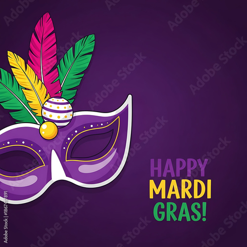 Colorful feathered masquerade mask graphic celebrating the festive season with joyful greetings
