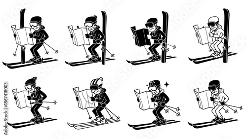 Confused skiers looking at maps on snowy mountain slopes, searching for directions, expressions of frustration and bewilderment, winter activity, graphic art for travel and navigation themes